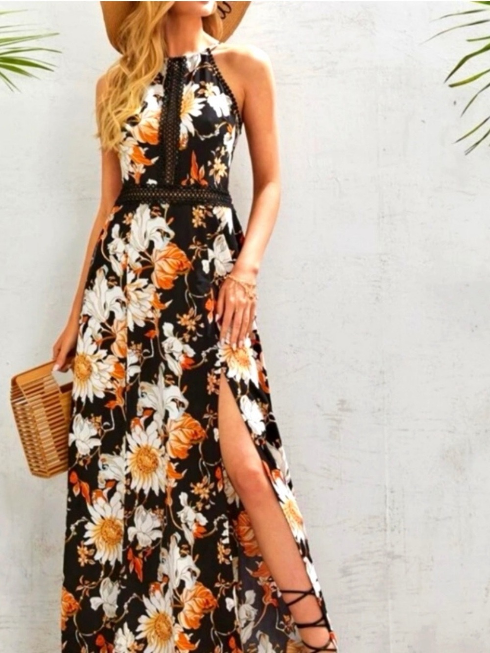 Boho Floral Halter Maxi Dress-A-Line-Maxi-Halter Neck-Tie Back-Size Small